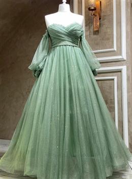 Picture of Green Tulle Puffy Sleeves A-line Formal Dress, Green Long Evening Gown